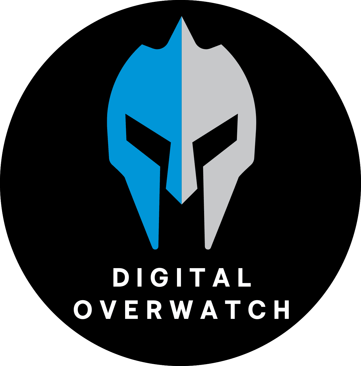 Half blue, half gray Spartan helmet icon above text reading "DIGITAL OVERWATCH" on a black background.
