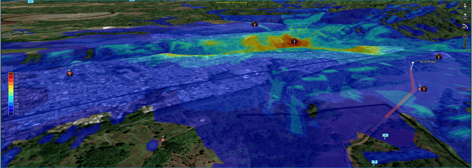 A 3D topographical map displaying a city's heat intensity overlay, with color gradients from blue to red indicating heat variations. Landmarks and natural surroundings are visible.