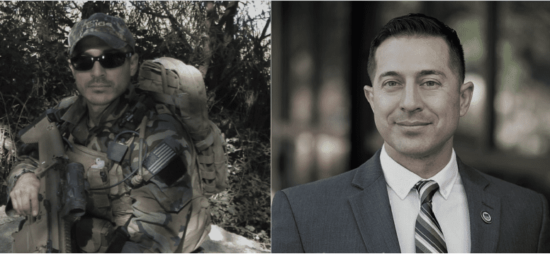 Side-by-side images: on the left, a man in military gear holding a rifle; on the right, the same man in a suit and tie, smiling.