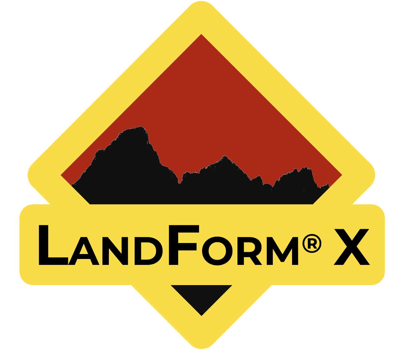 Yellow diamond logo with red and black mountain silhouette. Text reads "LandForm X.