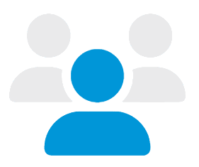 Three stylized figures icon, two in grey and one in blue, representing a group or community.