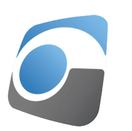 Blue and gray stylized circle design on a tilted square-shaped background.