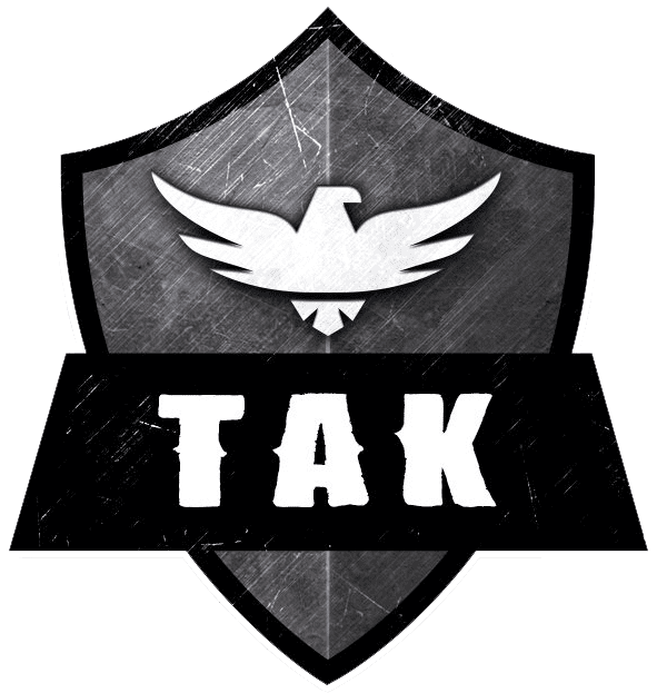 Shield-shaped logo with a stylized eagle above the letters "TAK" on a textured gray background.