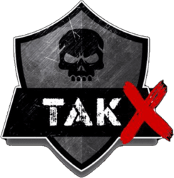 A shield emblem with a skull at the top and the word "TAK" across the middle. A red "X" overlaps the word. The background is black with a textured appearance.