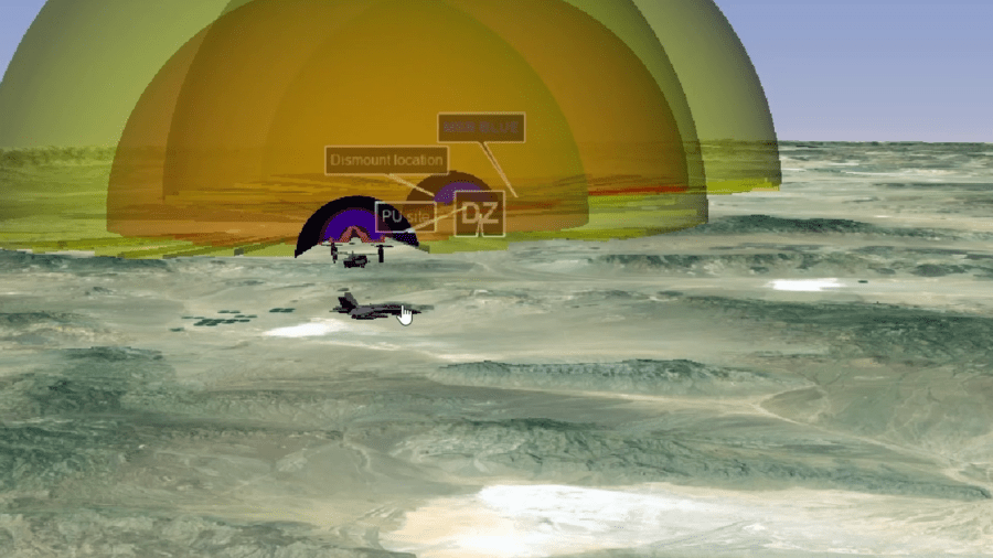 Aerial view of a digital landscape with diagrams, including a helicopter model, overlapping colored domes, and labeled zones like "Dismount location" and "DZ".