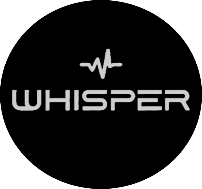The image shows the word "WHISPER" in stylized silver text with a waveform symbol above it, set against a black background.