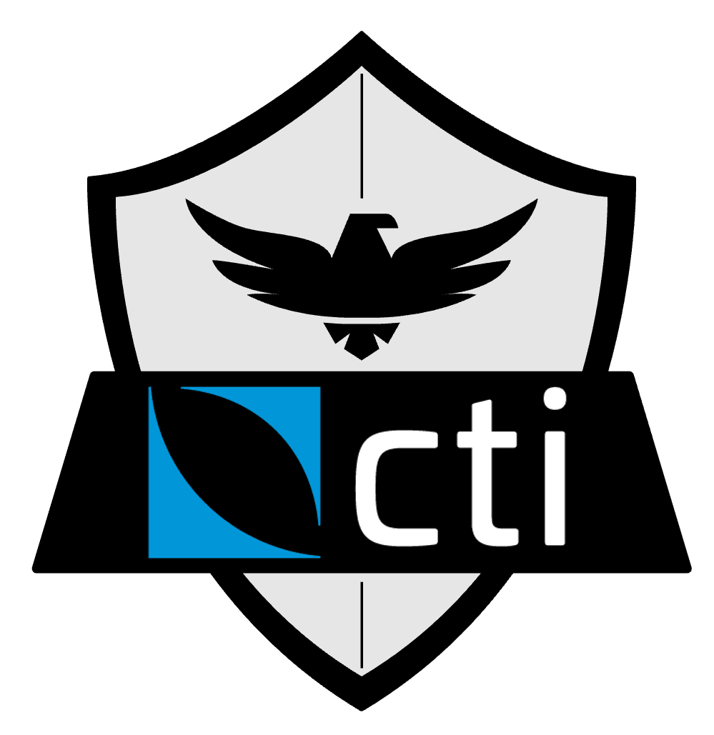 CTI logo with a stylized shield featuring an eagle silhouette, a blue and black color scheme, and the letters "cti.
