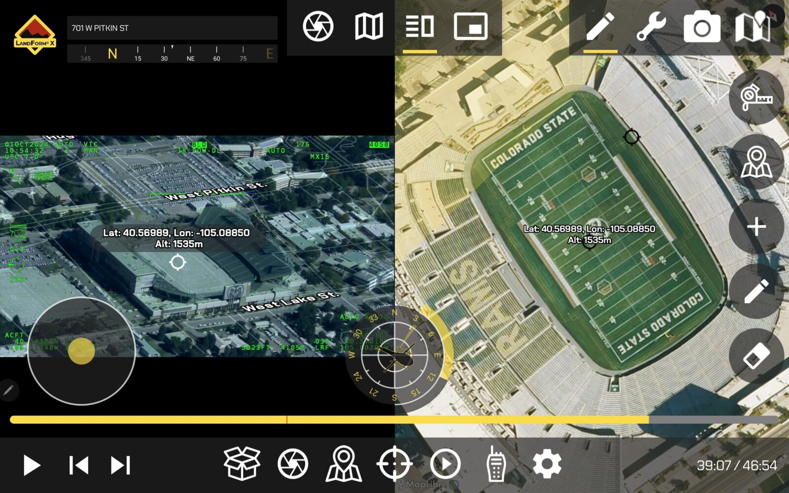 Side-by-side aerial views of an indoor sports complex and an outdoor football field with GPS coordinates and altitude information displayed.