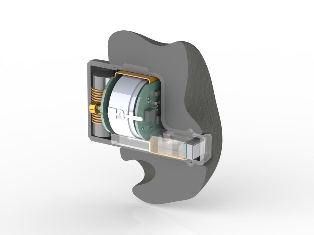 Cross-section of a mechanical device with gears and a coil, encased in a gray housing. Displays interior components and structural design.