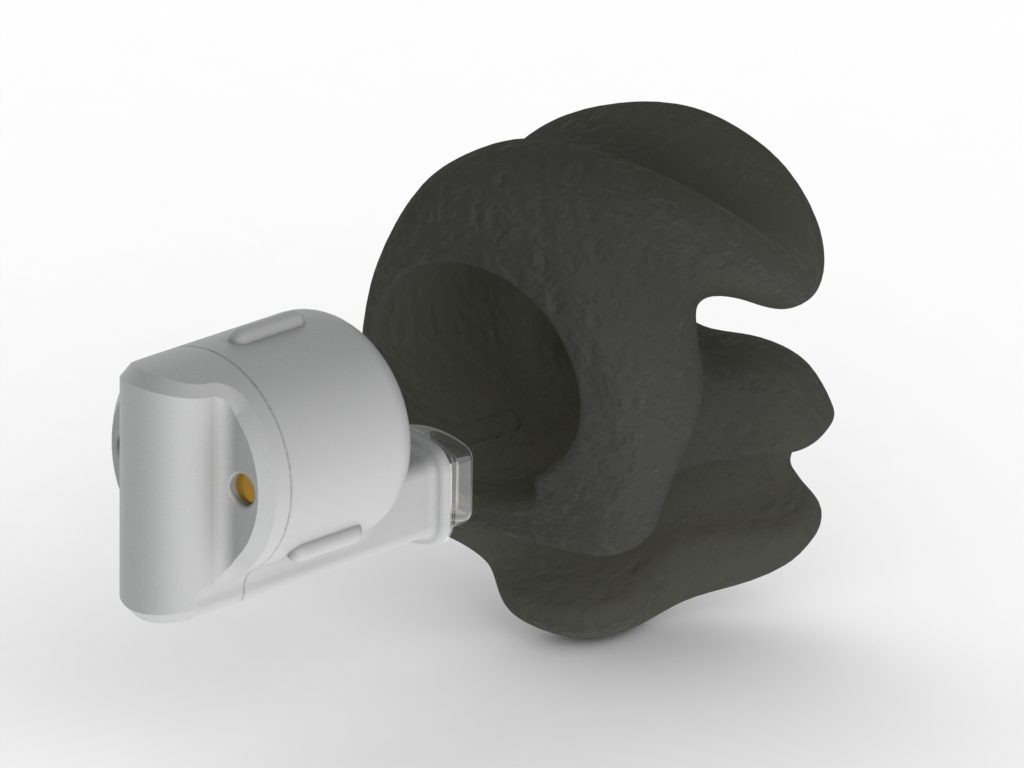 A 3D rendering of a black spiral gear-like object attached to a small white cylindrical component with a visible metal hinge.