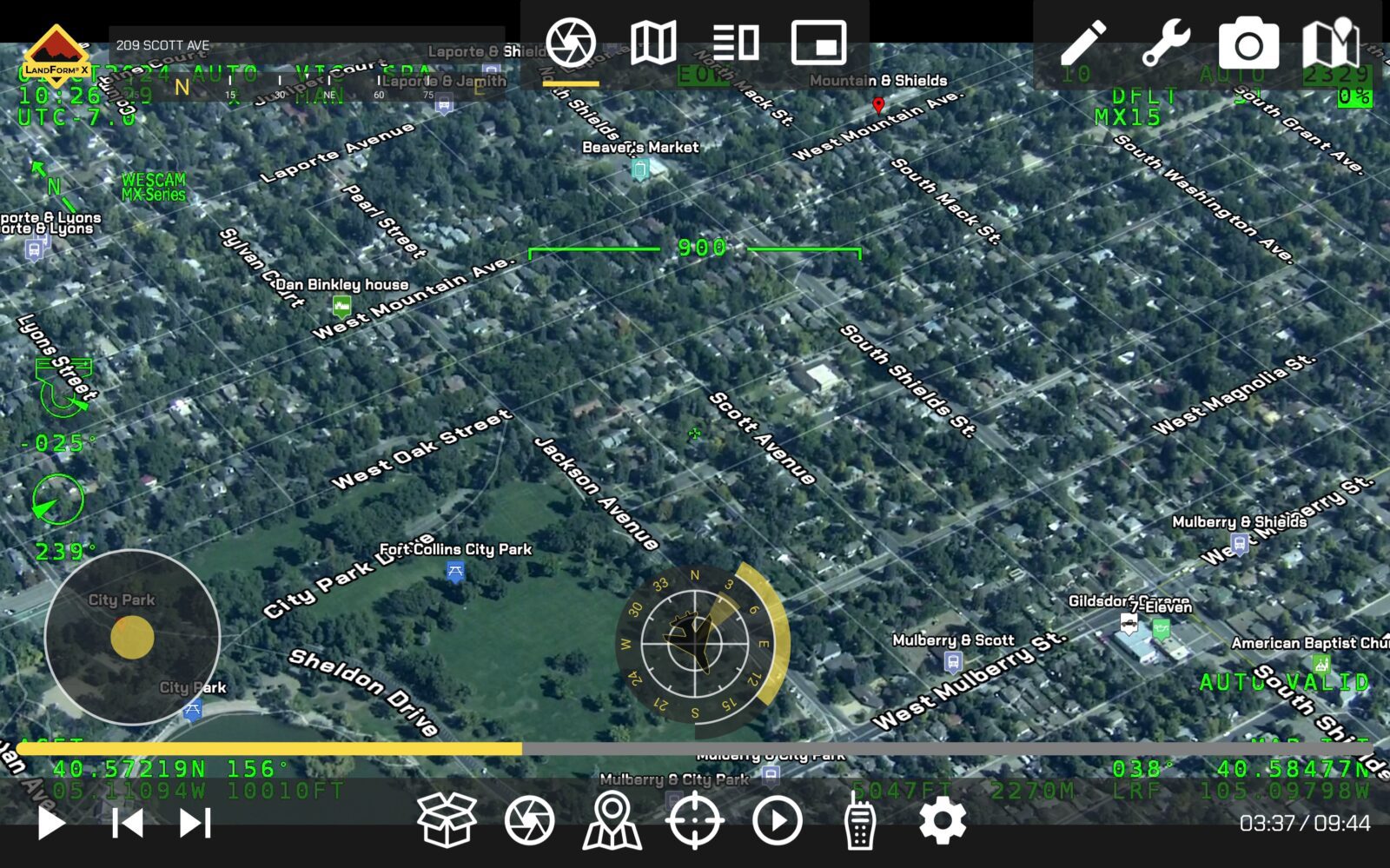 Aerial view of a suburban neighborhood with labeled streets and parks. An interface overlay displays navigation and mapping tools.