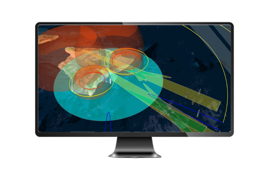 A computer monitor displaying a digital map with overlapping colored circles, shapes, and lines, resembling a radar or strategic simulation interface.