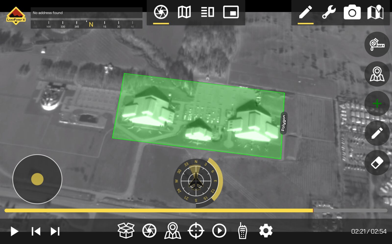 Aerial thermal image displays a green-highlighted area with two hot spots centered. Various icons and data indicators surround the image, showing location, compass, and options for adjustments.