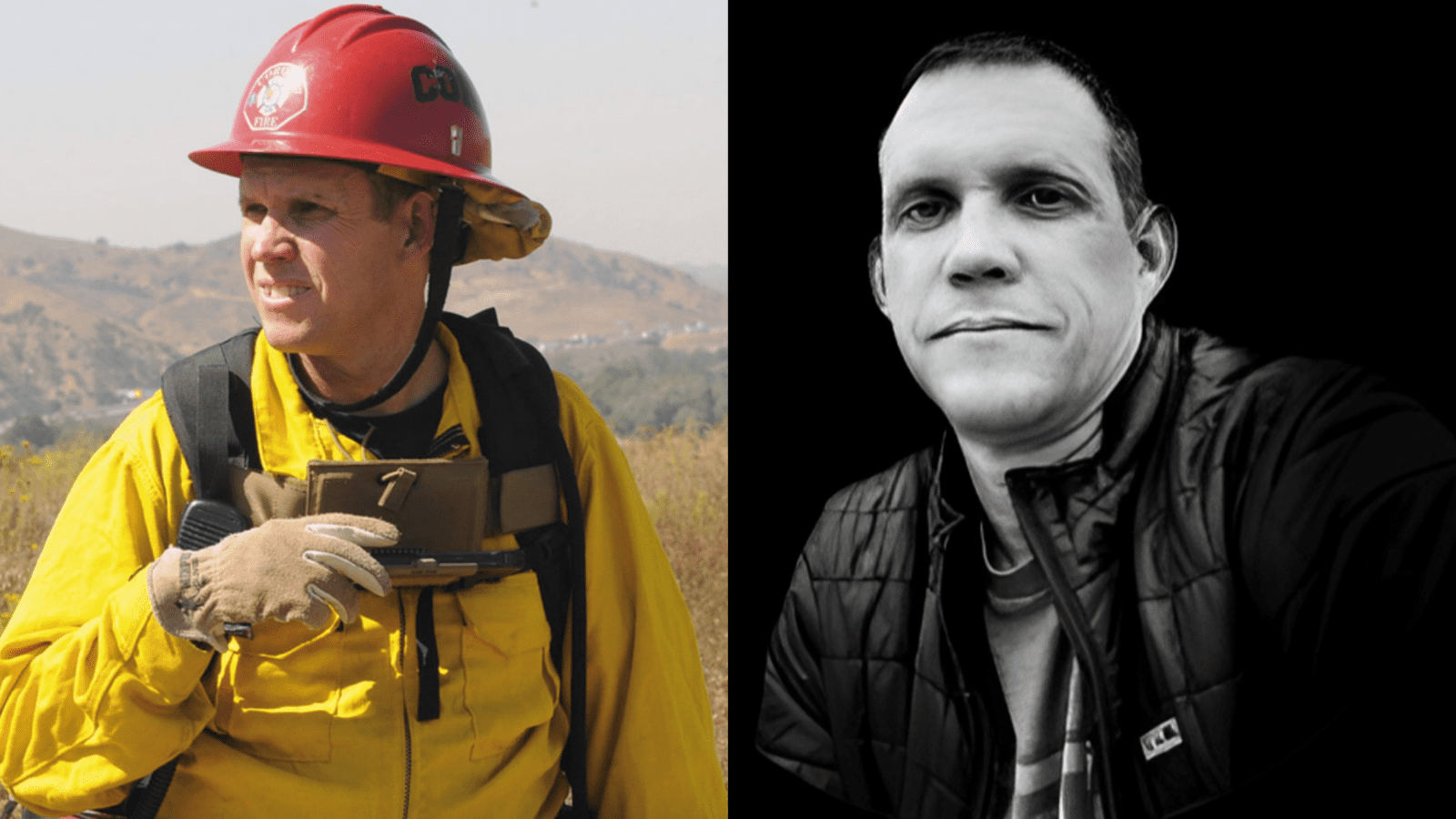 Left: Person in a yellow firefighter uniform and red helmet, outdoors. Right: Person in a dark jacket and T-shirt, against a black background.
