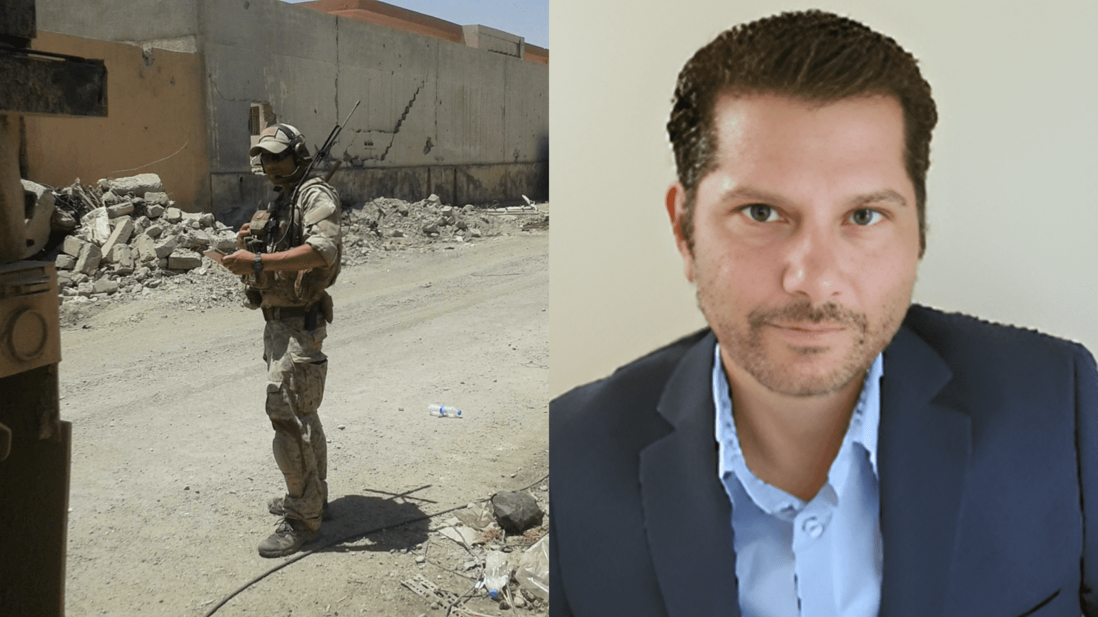 A soldier in desert gear stands on a dusty street. Beside, a man in a suit with a neutral expression poses against a plain background.
