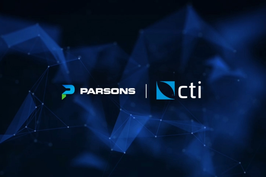 Parsons and CTI logos displayed on a dark blue, abstract geometric background.